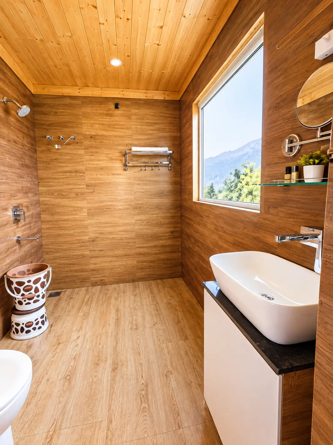 Wooden resort room with bed, dining table and warm interior
