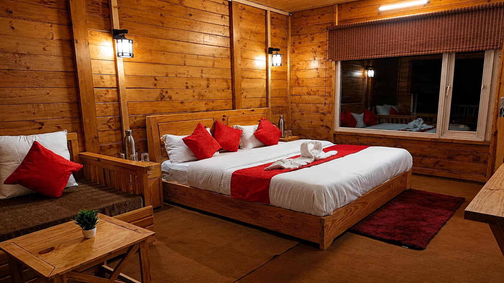 Cozy wooden bedroom with a comfortable bed and warm lighting