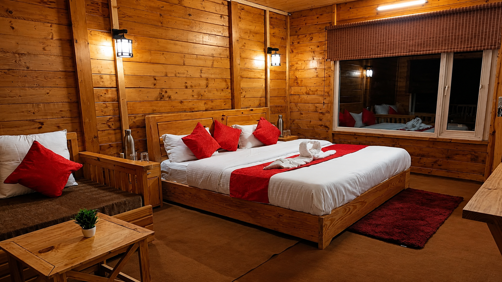 Cozy wooden bedroom with a comfortable bed and warm lighting
